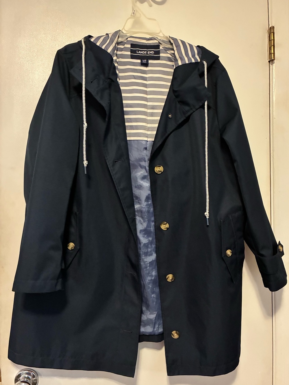 Lands' End Navy Hooded Trench Coat with Striped Lining